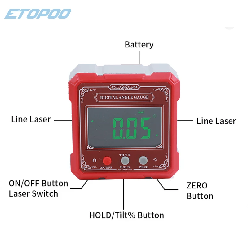 4*90 °   0.2 °   듀얼 레이저 자기 틸트 각도 박스 디지털 디스플레이 산업용 등급 상서로운 구름 4면 경사계