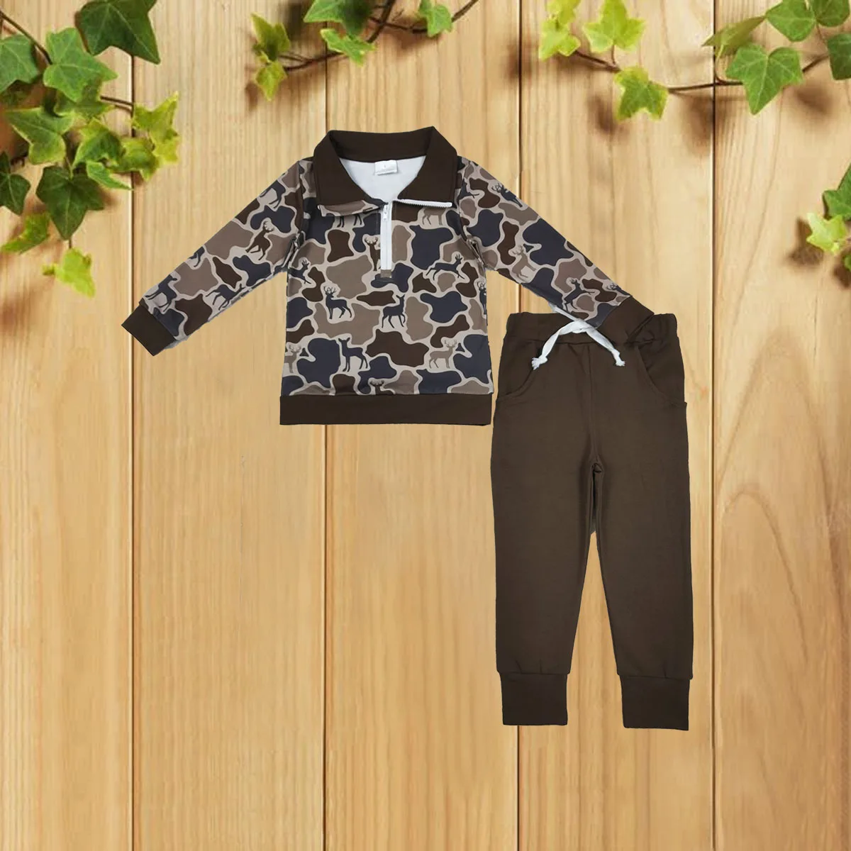 

10.27 Children's Camouflage Deer Zipper Long Sleeve Deep Brown Pants Set Autumn Bestseller Comfortable Kids Outfit