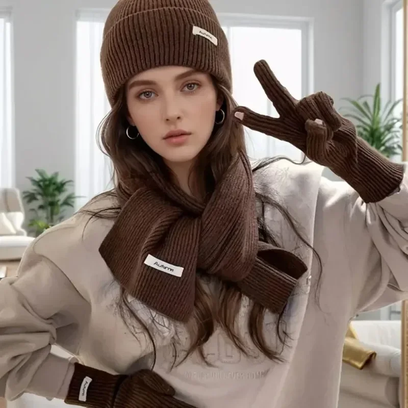 Knitted Cold-proof Fashion Touch Glove Hats Thickened Scarve Warm Three-piece Sets Women Autumn Winter Women's Hat & Glove Sets