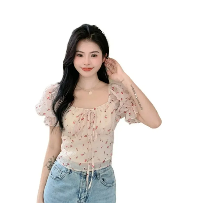 Square Neck Floral Bubble Sleeve Chiffon Shirt Sweet French Style Design Slimming Lace-up Tops Summer Fashion Women\'s Blouse