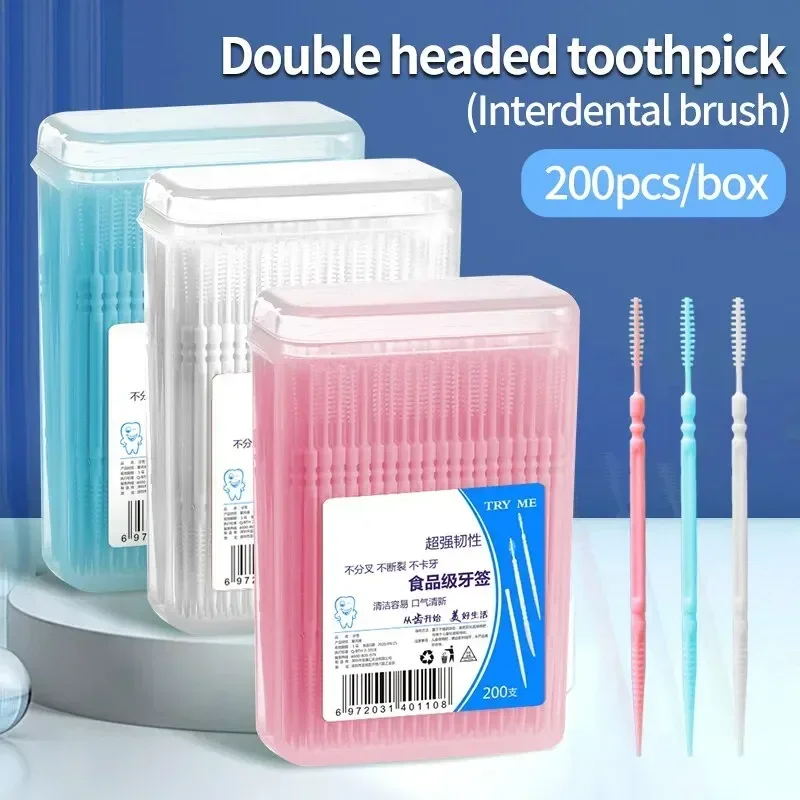 Zahnstocher, Einweg-Familienbox, verpackt, tragbar, ultrafeiner Pick, Doppelkopf, High-End-Persönlichkeit, kreativer Obststab, 200 Stück