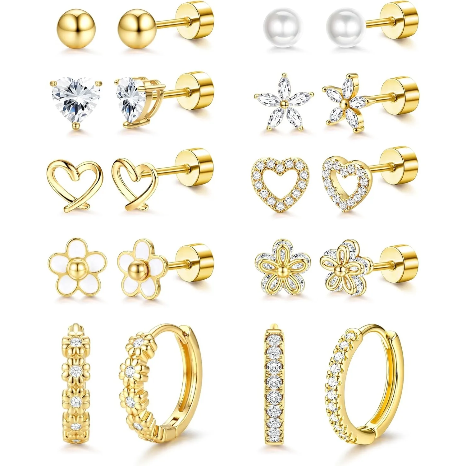 Bobisty 1/10 Paar Trendige Ohrstecker für Damen Chirurgenstahl Flache Ohrringe Niedliche Blumen- und Herz-Ohrringe Piercing-Schmuck