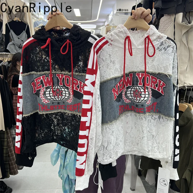 American High Street Perspective Lace Hooded Pullover Top Color Blocking Letters Printed Long Sleeve Autumn Loose Sweatshirts