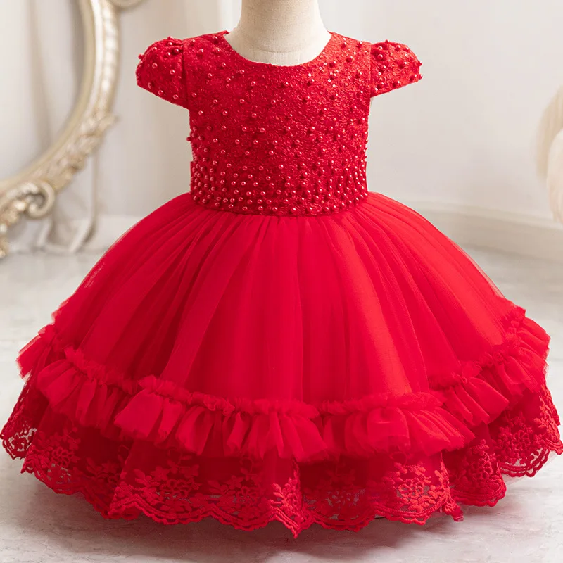 HETISO Pearl Girl Kid's Dress Lace Princess Infant Dress Gown Fluffy Holiday Christmas Baby Party Clothes 1-4 Years