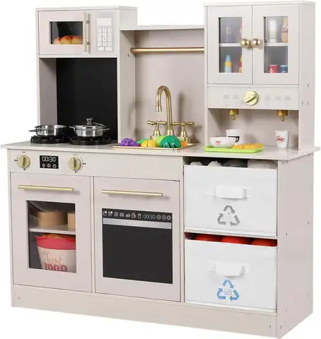 Play Kitchen for Kids, Wooden Pretend Toy Kitchen, Large Toodler Cooking Playset w/Cookware, Stove w/Light & Sound, Fabric Boxs