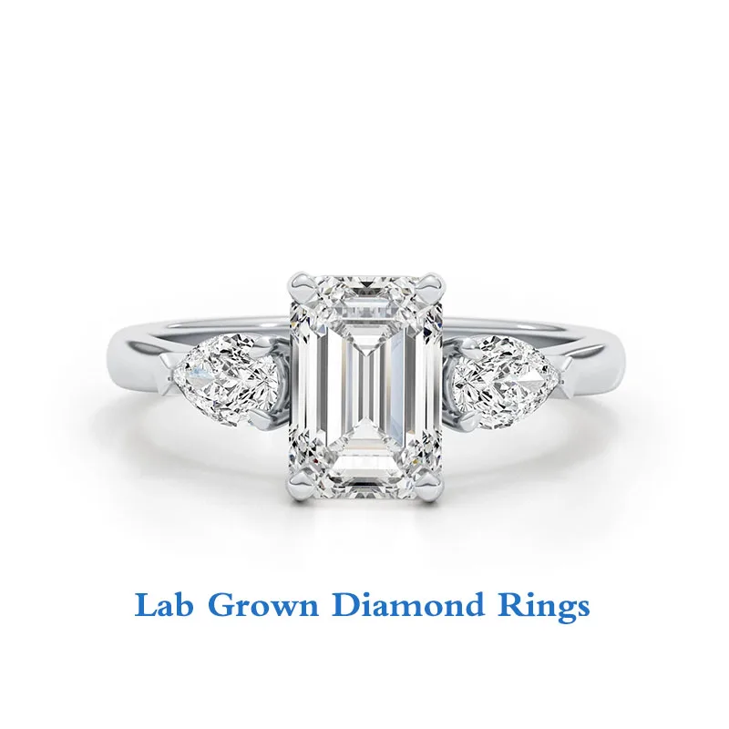2Ct Emerald Cut IGI Certified EF VS-VVS Lab Grown Diamond Pear Shape Side Stone Three Stones Setting Ring Platinum 950 For Lady