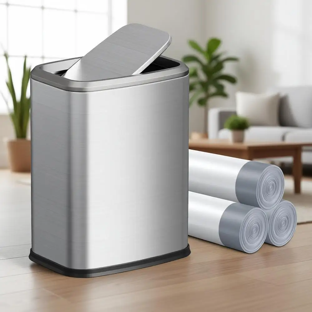 

8-литровое мусорное ведро из нержавеющей стали с откидной крышкой, идеально подходит для дома, офиса, туалета, спальни, гостиной (серебристое)