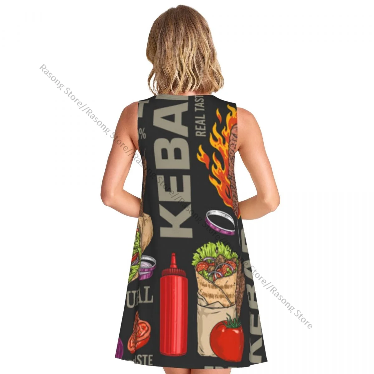 Women Clothing Dress Hot Kebab Colorful Pattern Round Neck Sleeveless Length Dress