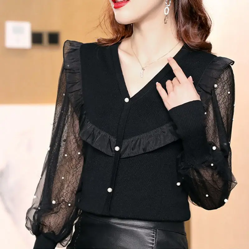 Women\'s Clothing Commute Lace Shirt Gauze Spliced Spring Autumn V-Neck Stylish Beading Ruffles Basic Solid Color Knitted Blouse