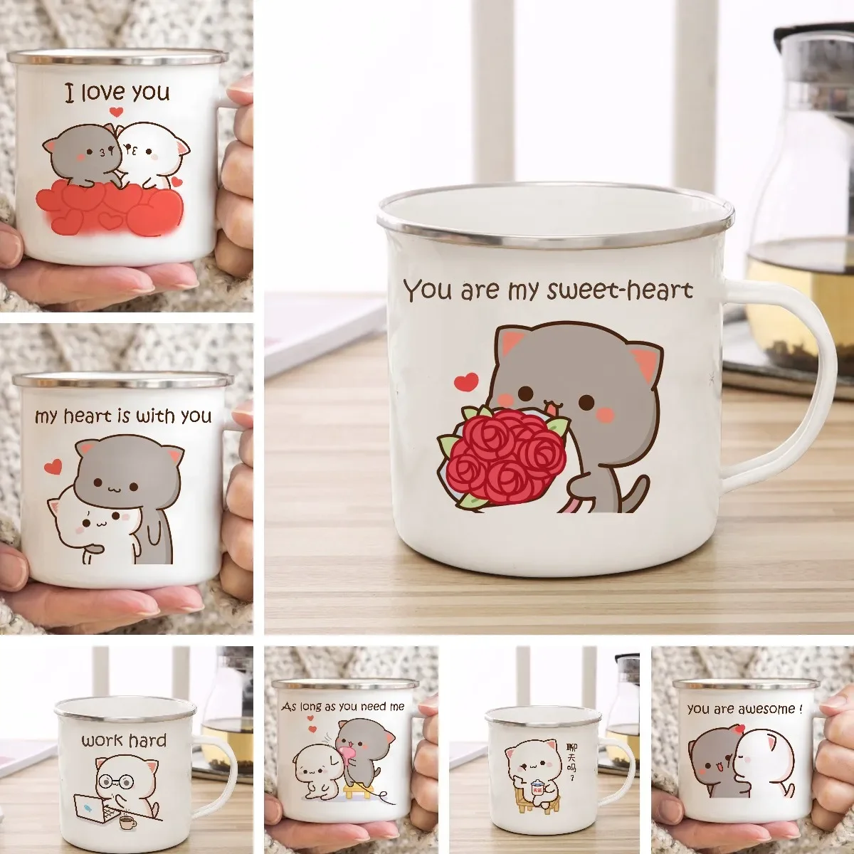 New Peach and Goma cat enamel coffee tea cup cute animal breakfast dessert milk water cup couple gift original breakfast cups