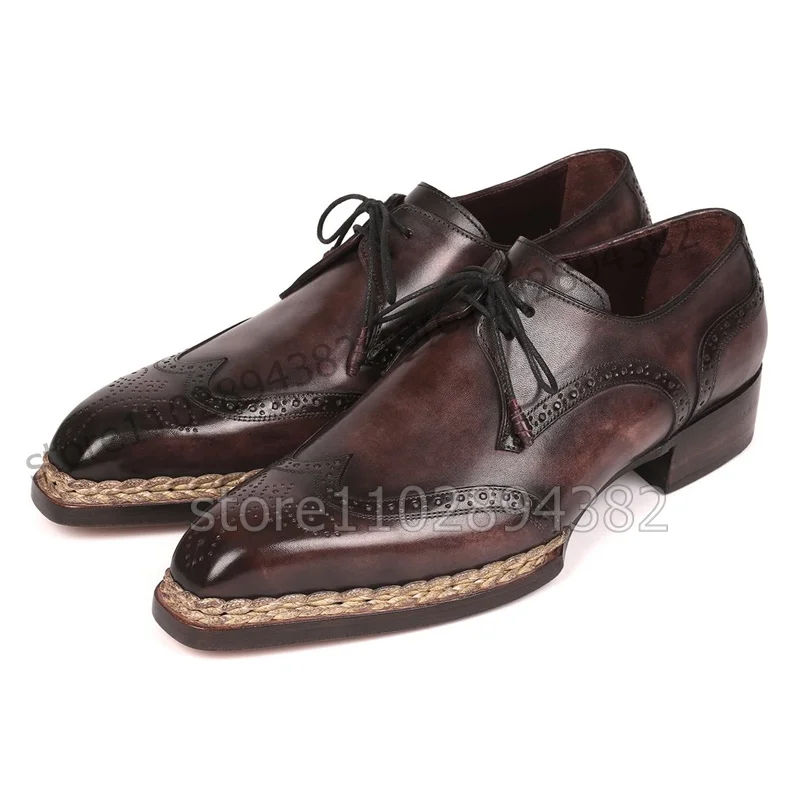 Zapatos Derby de punto con punta cuadrada para hombre, calzado de lujo con cordones, hecho a mano, para fiesta y banquete, color marrón