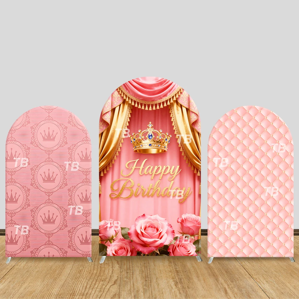 

Pink Princess Crown Arch Backdrop Cover Gold Curtain Rose Theme Party Decor Photo Booth Background Girls Birthday Celebration