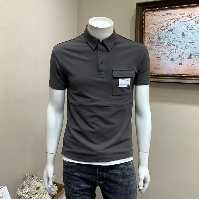 

2024 New Fashion Casual Summer Splice Polo Shirts Button Pocket Fashion Solid Color Slim Comfortable Short Sleeved T-shirt Tops