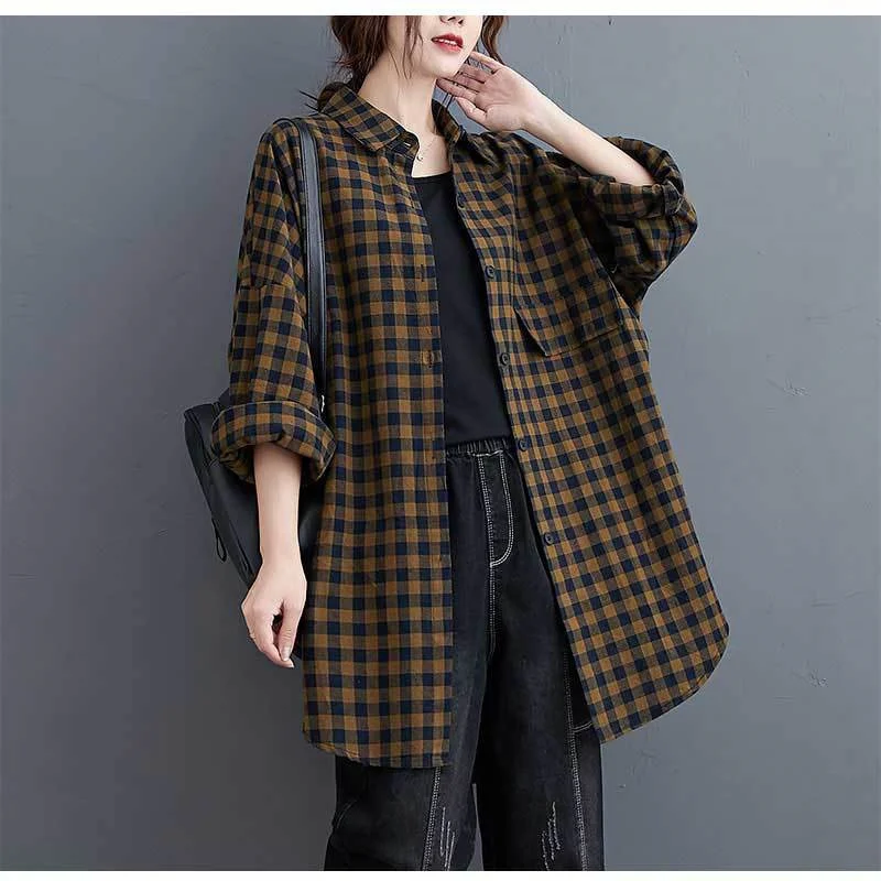 Cotton Plaid Shirt Women 2024 Spring Autumn New Coat Large Size Korean Jacket Long Sleeve Loose Outwear Long Overcoat Female Top