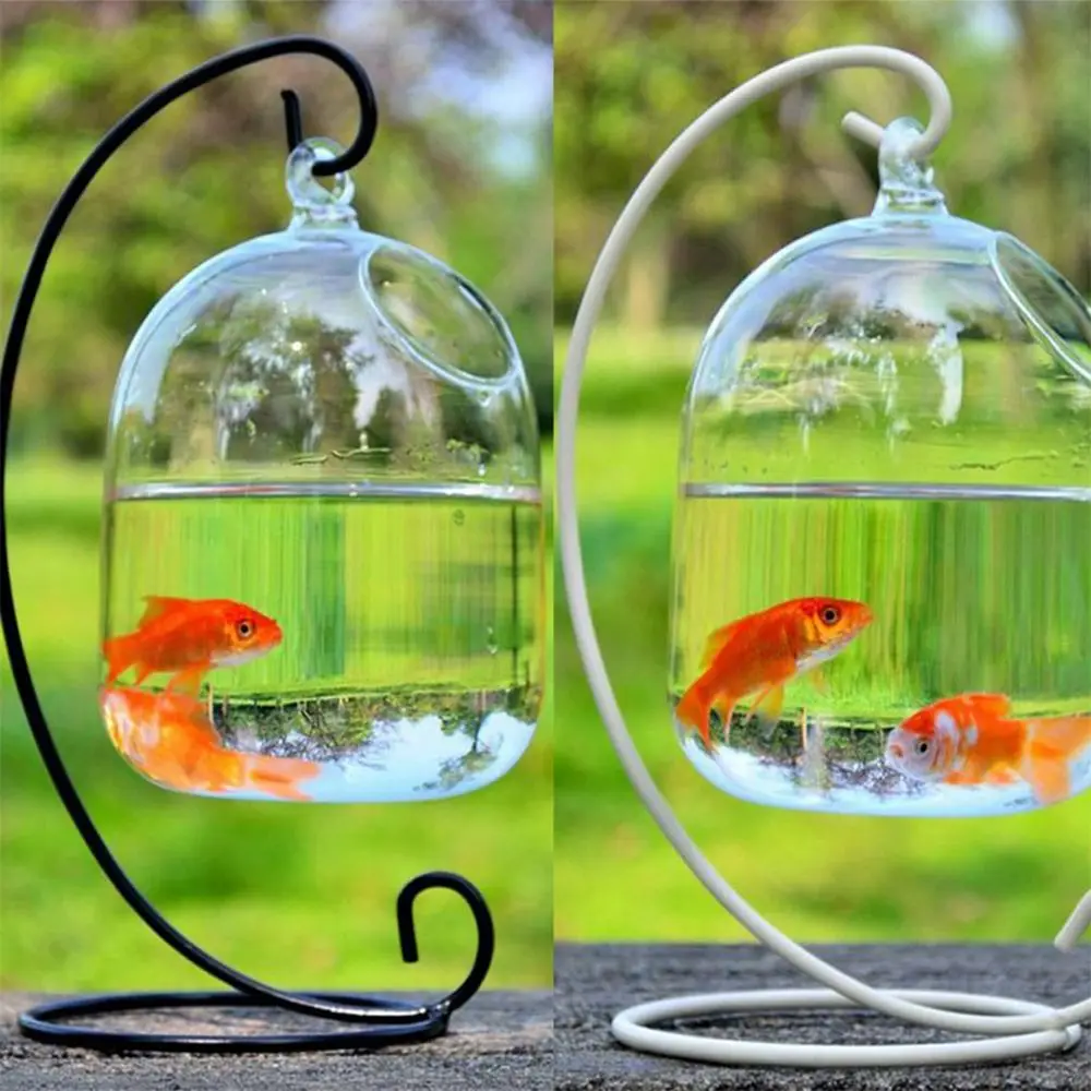 Round/Rectangle Shape Hanging Glass Aquarium Fish Tank Fish Bowl Transparent Vase Ornament With Rack Holder Home Decoration