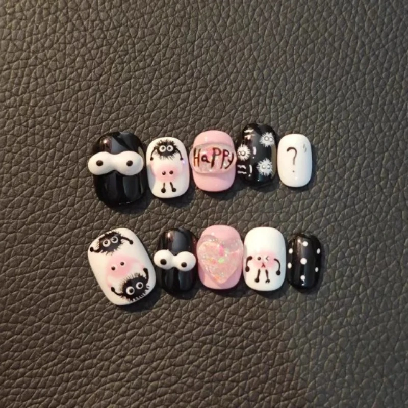 

10 Pieces Cute Furball Pixie Handmade Press On Nails Black Pink Polka Dots Big Eyes Sequins Love Fake Nails Removable Reusable