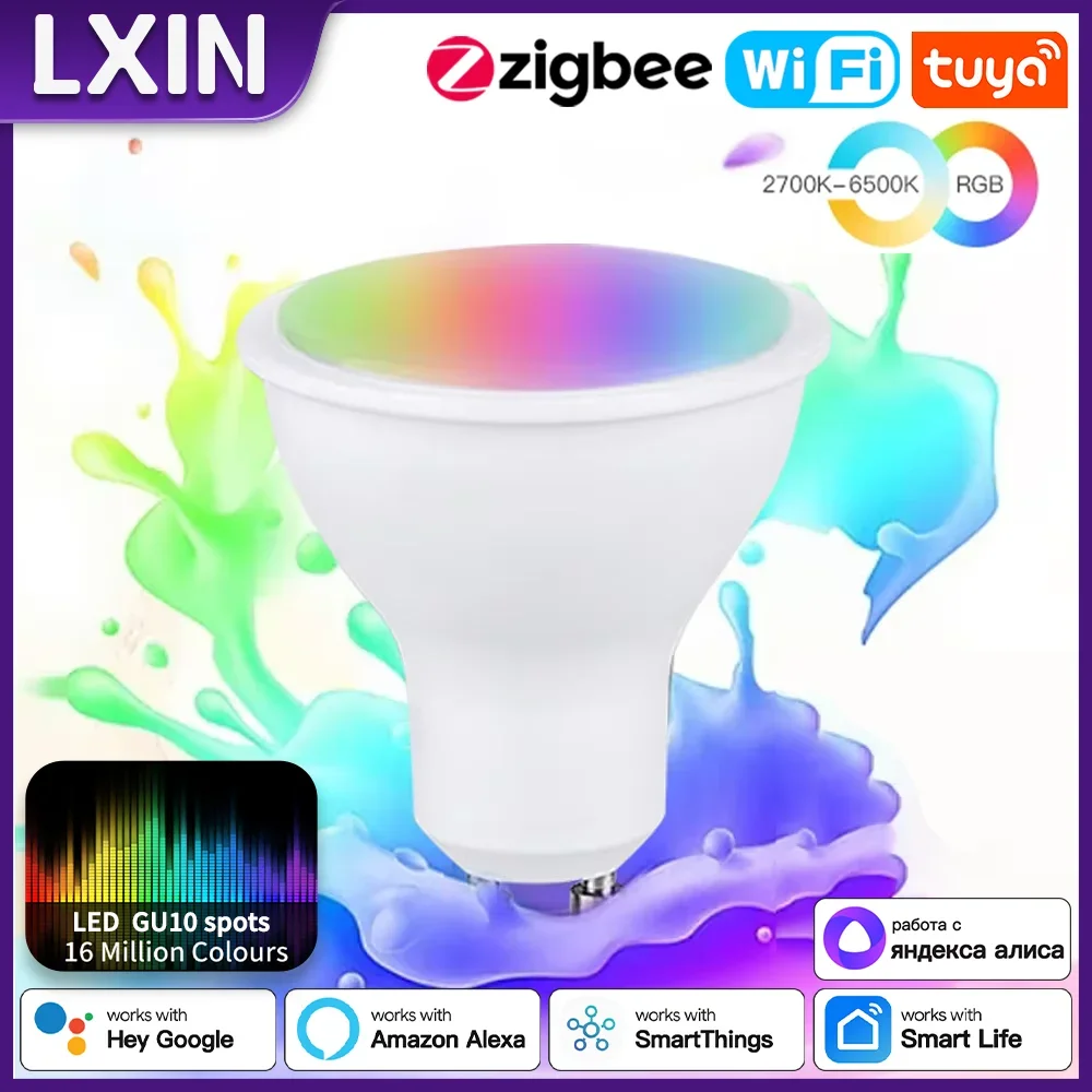 

Светодиодная лампа LXIN Tuya 5W GU10 WIFI Zigbee, регулируемая цветная световая точка 450LM, лампа RGB C + W с регулируемой яркостью, Smart Life Voice Alexa Google