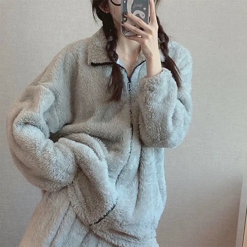 

Girl Solid Color Pj Set Autumn Winter Coral Fleece Homewear Soft Sleepwear Woman Keep Warm Thicken Wearable As Outerwear Pajamas