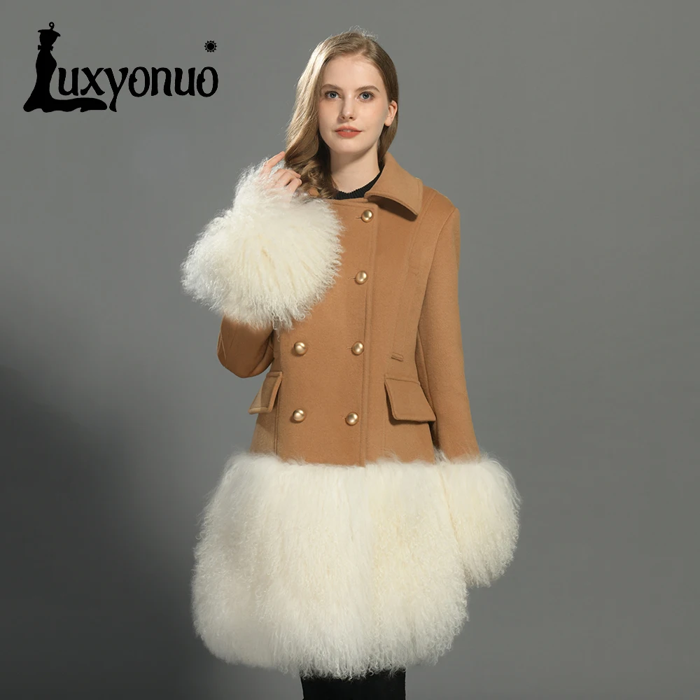 Luxyonuo Women's Wool Coat with Real Mongolian Sheep Fur Hem Ladies Fashion Winter Wool Blend Coats Genuine Sheep Fur Jacket New