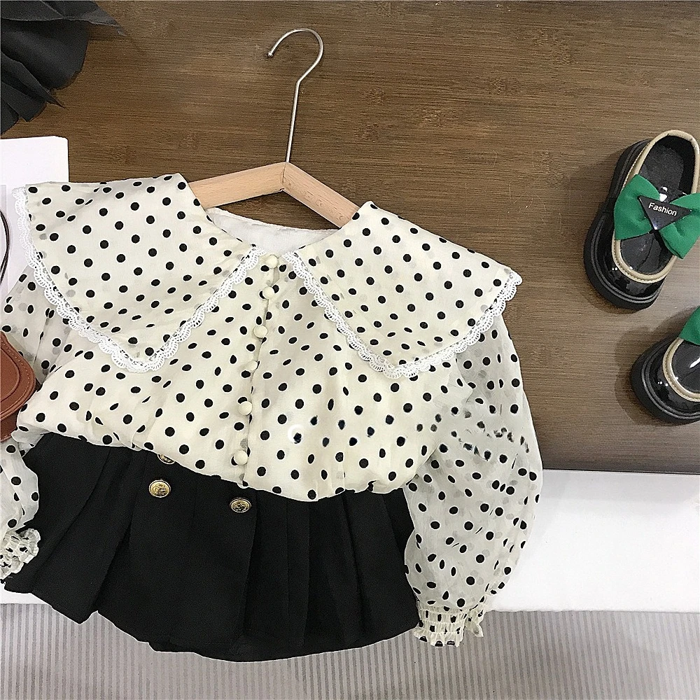 Girls Set Spring and Autumn New Korean Version Polka Dot Big Collar Shirt Double Breasted Skirt Pants Fashionable and Casual