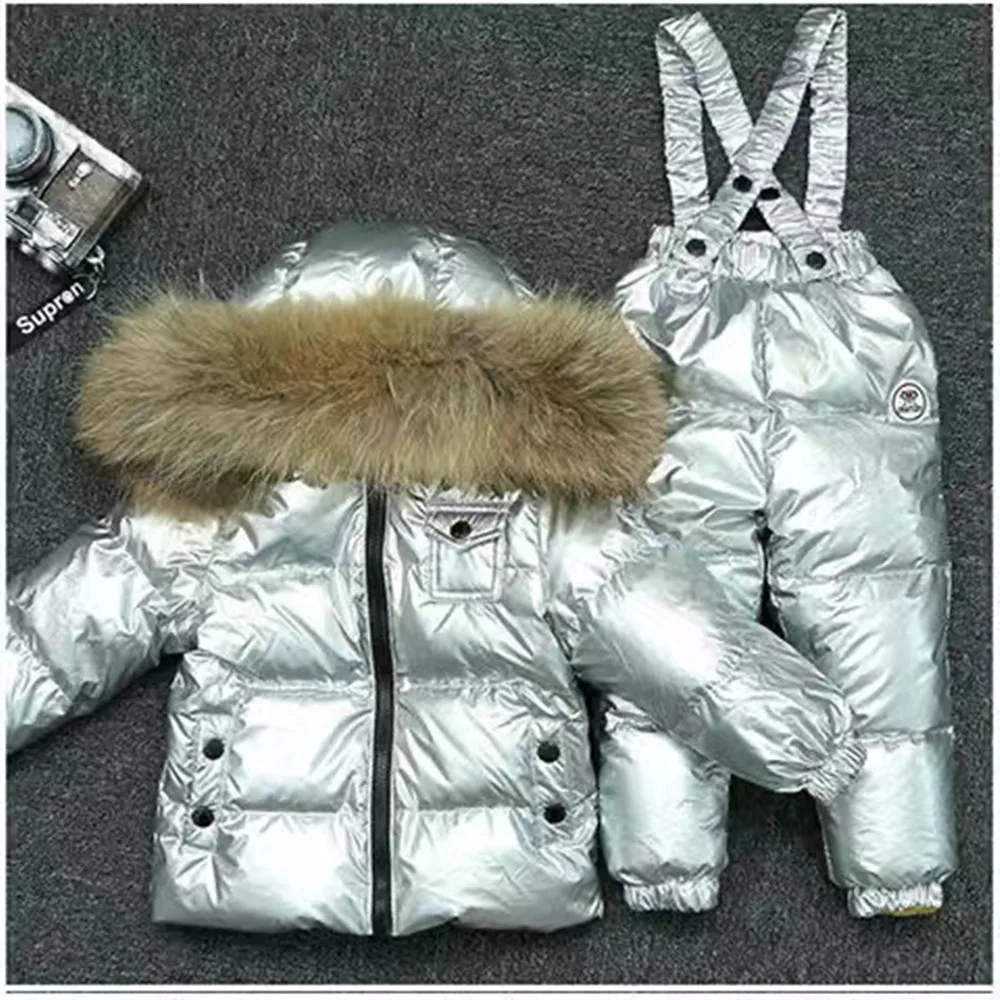 New Winter 2024 Kids Boutique Clothing 2 Pieces Sets Down Jacket Suspender Trousers Big Fur Collar Warm Soft Unisex Ski Suit