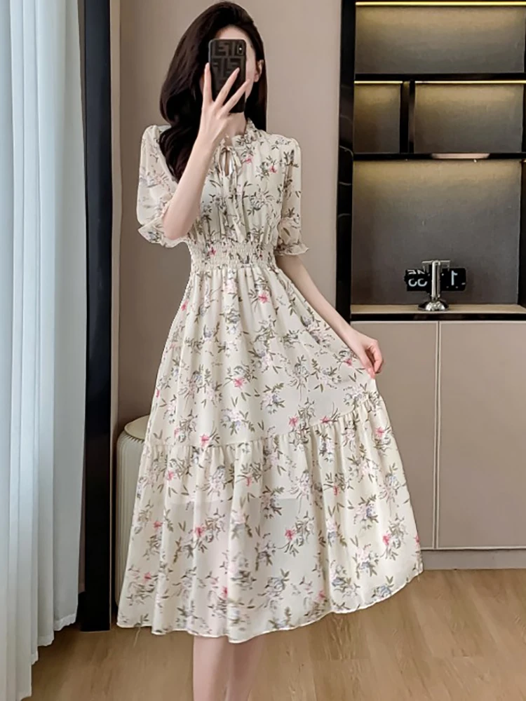 2024 Bloemen Chiffon Strik Ruches Kraag Casual Lange Jurk Zomer Elegante Bodycon Een Stuk Jurk Vrouwen Koreaanse Mode Feestjurk