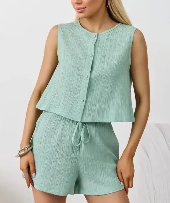 

Two Piece Set Women Outfit 2026 Spring Summer New Solid Color Round Neck Sleeveless Crop Vest Top & Casual Daily Shorts Set