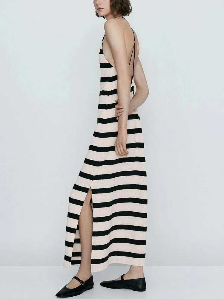 Women's V-Neck Spaghetti Strap Midi Dress Fashion Elegant Stripe Printed Dress Sleeveless Casual Loose Midi Dresses
