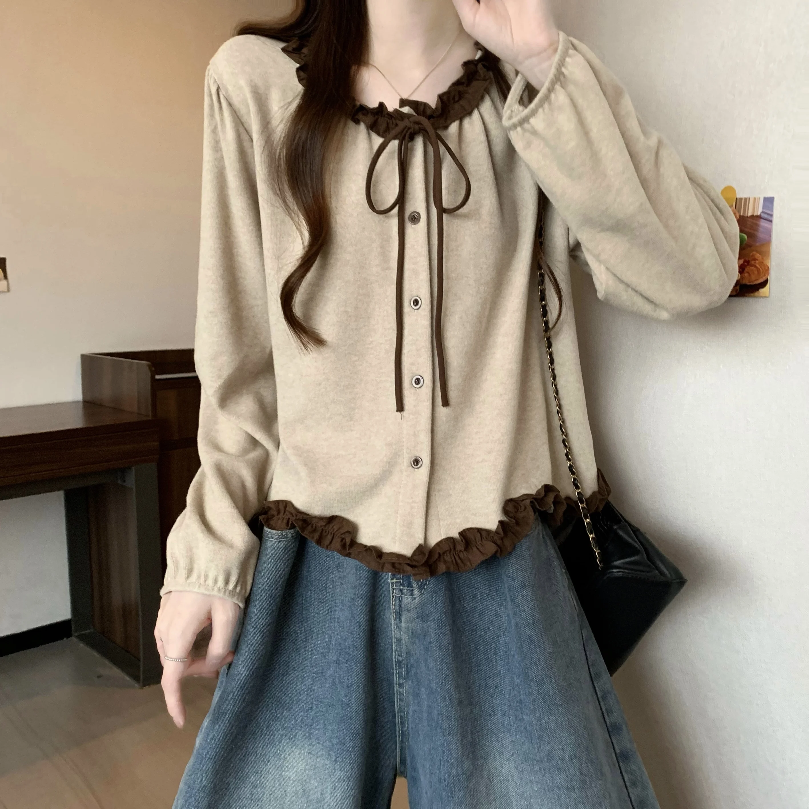 قميص بحزام بعقدة التخسيس مع لون خشب Blo لخريف وشتاء عصري للنساء من الدانتيل irt Commute Sle #2