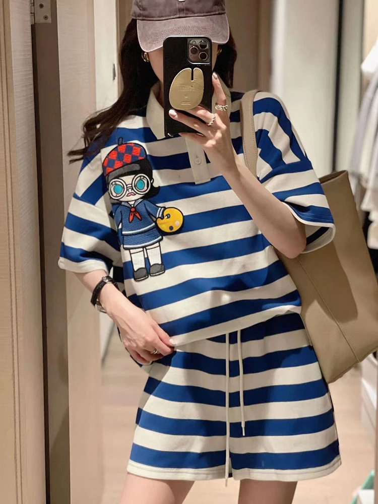 Striped Two Piece Shorts Sets For Women 2024 Summer New Pink Cartoon Loose Tops Street Casual Tracksuit T-shirts Suit M-3XL