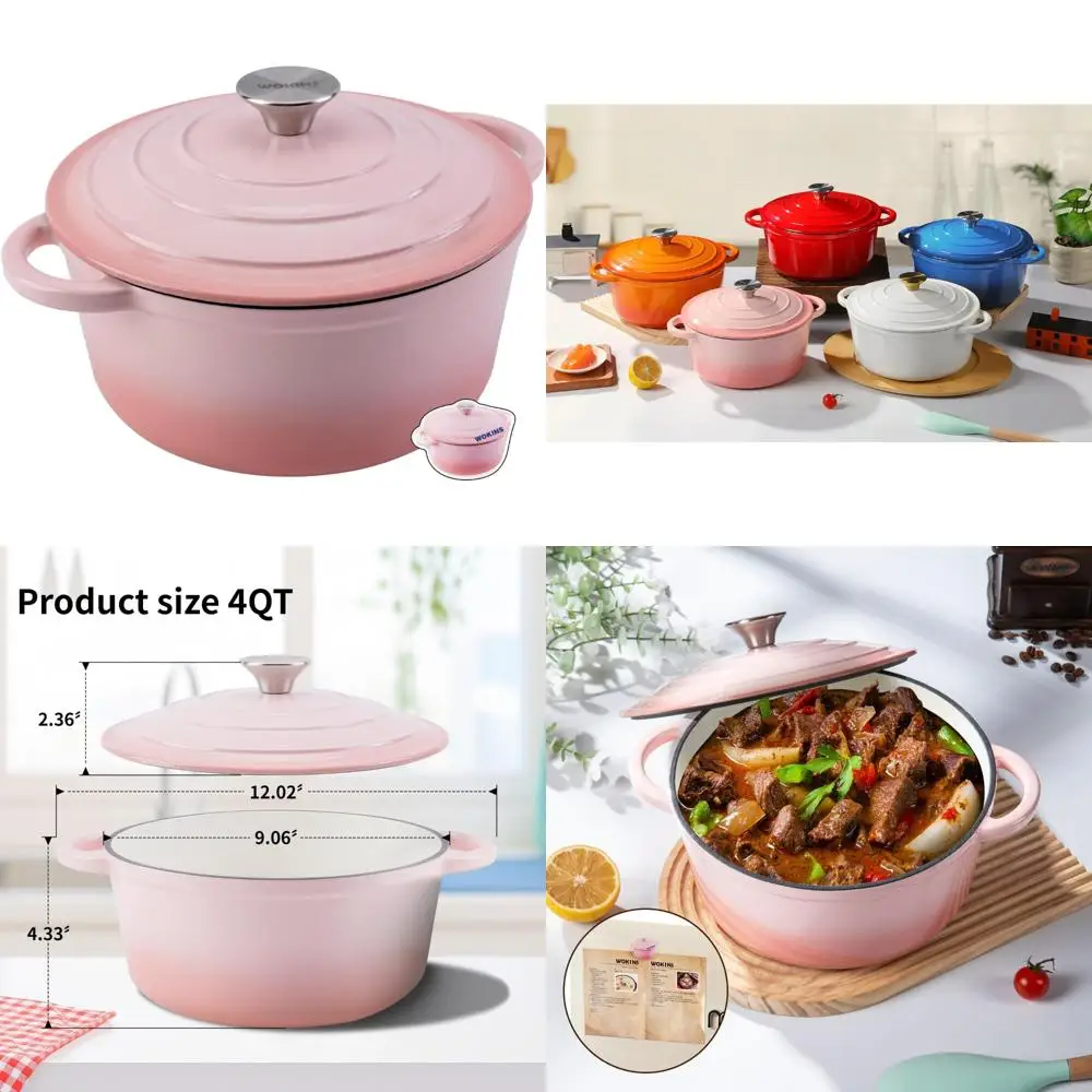 

Эмалированная чугунная голландская кастрюля с крышкой, сверхмощная посуда для выпечки хлеба, тушения, раковины, обжарки, 4QT, розовый