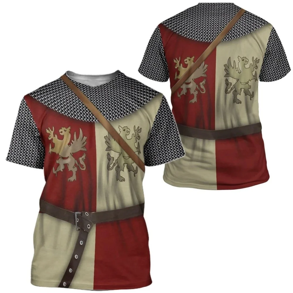 Retro Templar Print Round Neck Men's Clothes Summer Oversized T-shirt Men Fashion Casual Short-sleeved Knight Streetwear Tops