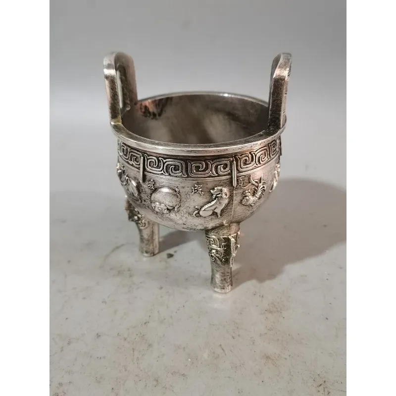 Antique White Copper Three-Legged Censer Double Handles, Embossed with the Twelve Zodiac Signs, Ancient Palace Art Ornament