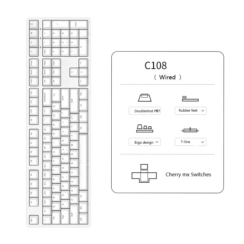 Wired IKBC C108 mechanical keyboard cherry mx switch brown red blue full size non-backlit gaming keyboard