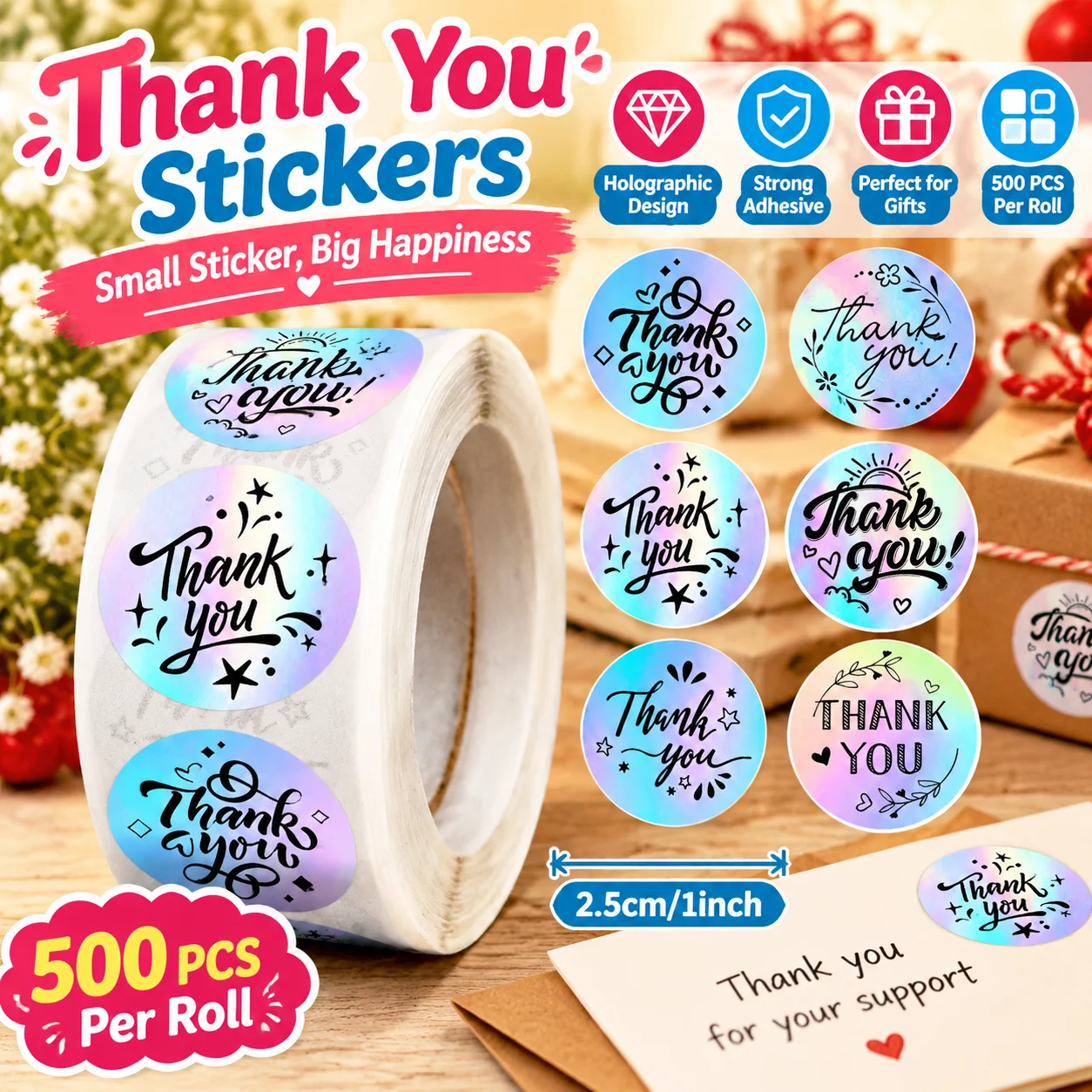 500Pcs Roll Laser Thank You Stickers Self Adhesive Sealing Labels 1 Inch Thank You Tag Stickers for Small Business