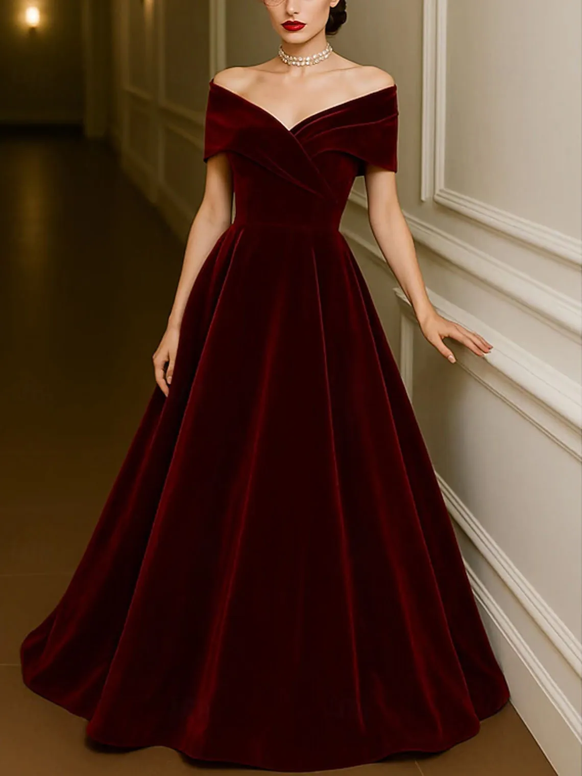 

Elegant Modern A-Line Velvet Prom Dress Off Shoulder Floor Length Short Sleeves Pleated Formal Evening Gown 2025 free customized