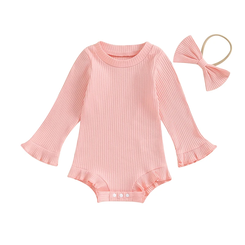 Infant Girls Autumn Crew Neck Jumpsuit with Long Sleeves and Ruffle Detail Solid Color Romper Set with Matching Headband