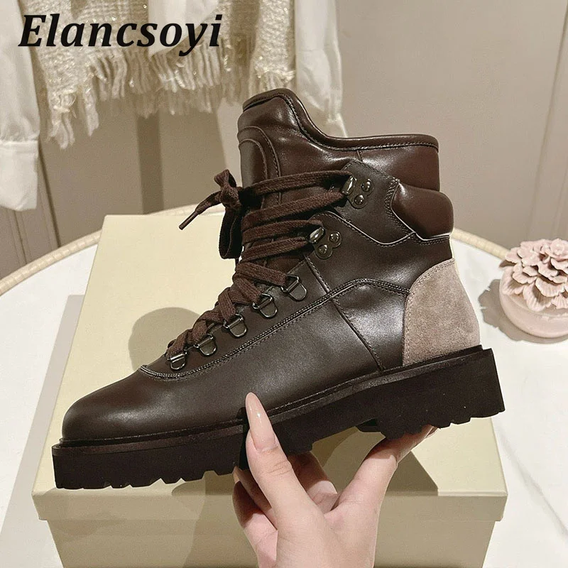 Winter women frosted real metal round toe lace up thick soled ankle boots versatile short boots for commuting in autumn winter