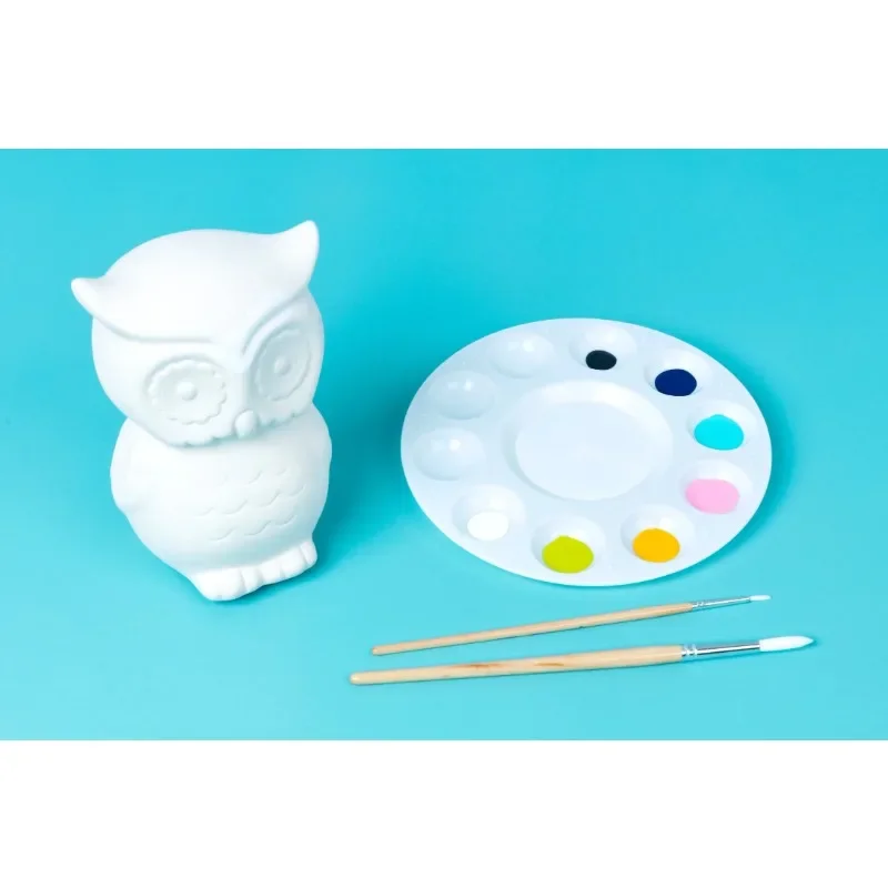NUEVO búho de banco pintable de cerámica, base artesanal blanca de 5,75" de altura
