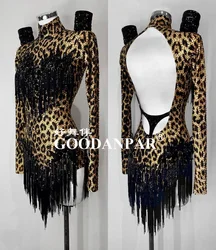 New Style Leopard Latin Dance Dress Women Girls  Dance Wear Salsa Samba Rumba Costume Sexy Dresses costume rhinestones