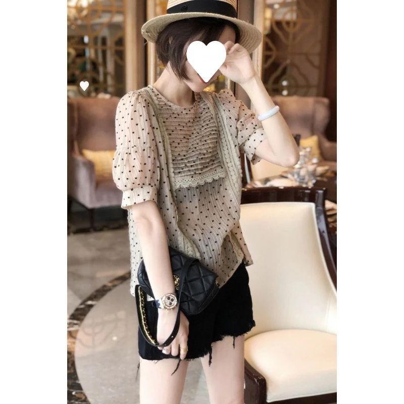 

2025 New Polka Dot Chiffon Blouse Women Summer Short Sleeve Designer Unique Casual Wear Plus Size Trendy Fashion Top