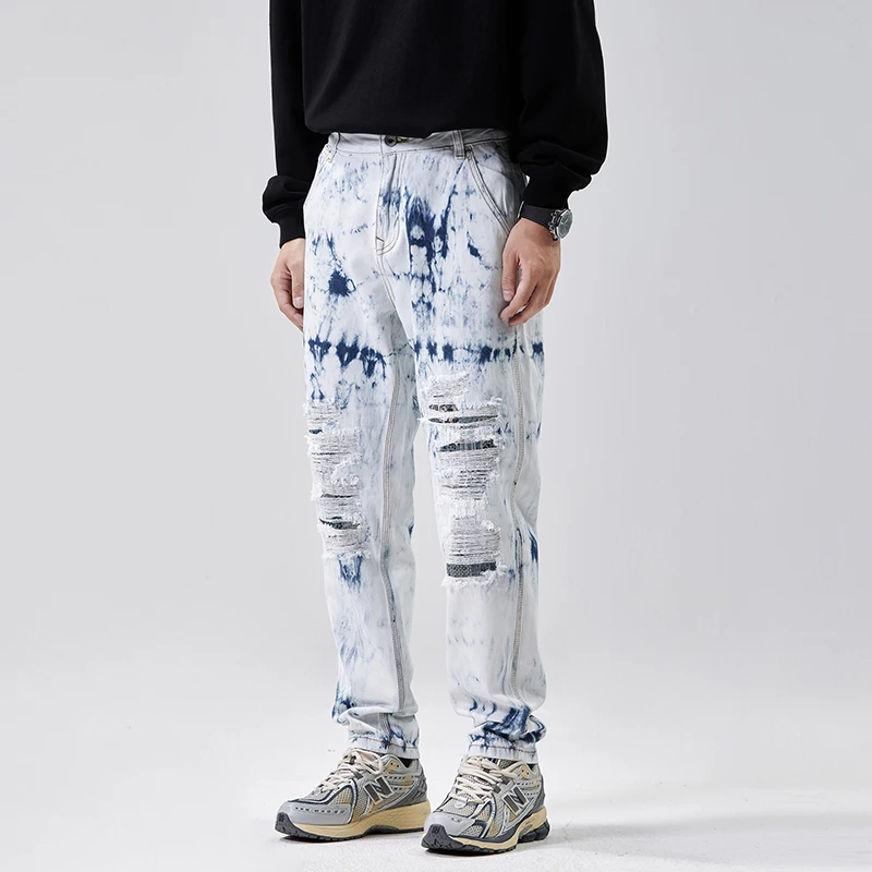 Fashion Long Pants Men's Design Sense Niche Hole & Patch Loose Personality Party Street Washed High Street Jeans