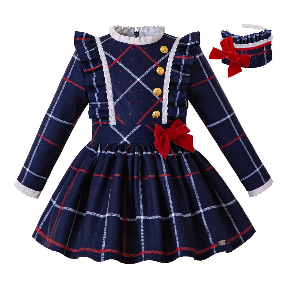 Pettigirl Girls Autumn and Winter British Style Casual Royal Blue Plaid Long Sleeve Dress Christmas Campus Day Birthday Dress