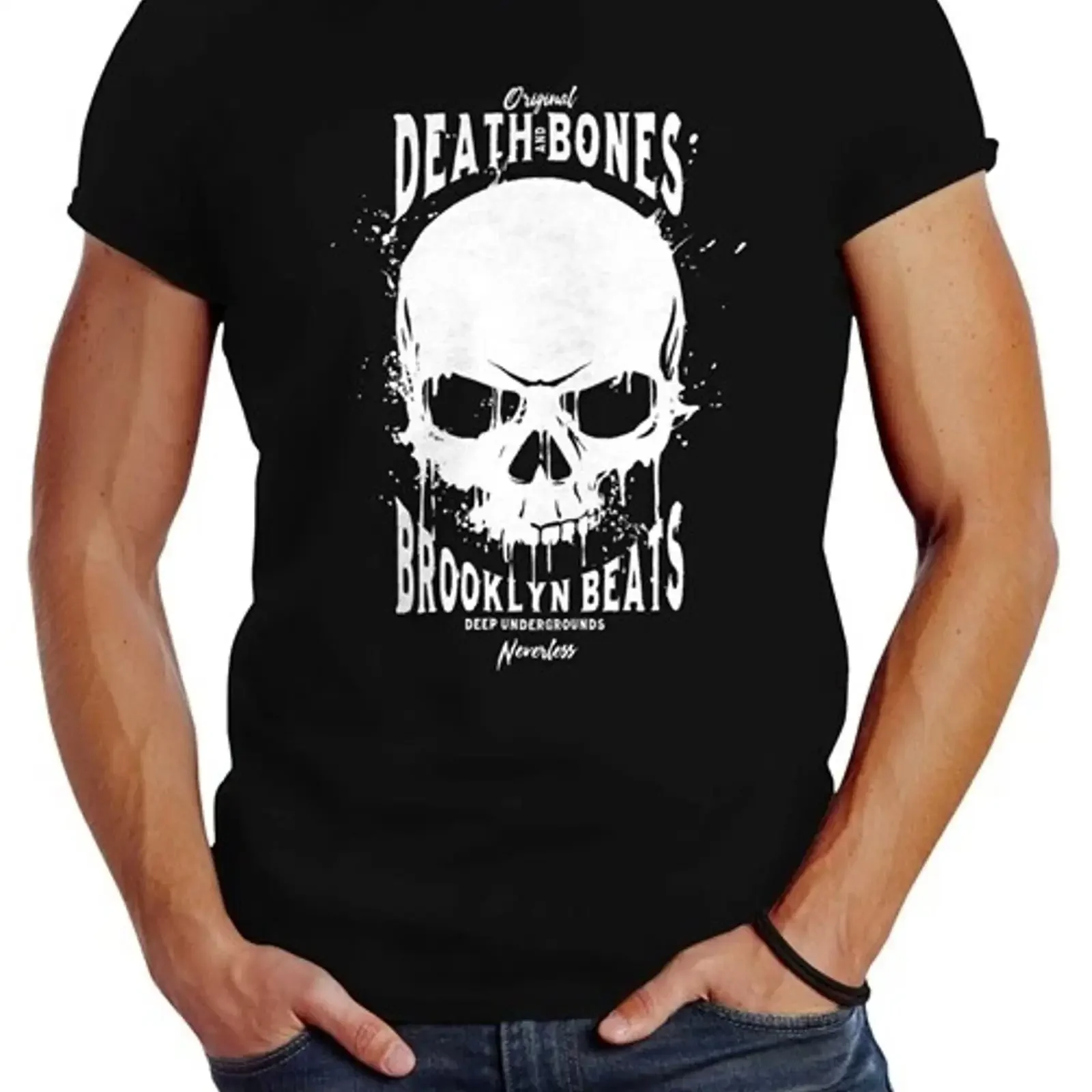 Herren T Shirt Skull Death and Bones Techno Logo Slim Fit Neverless Bild 1 von 2 vintage Washed fashion homme designer clothes