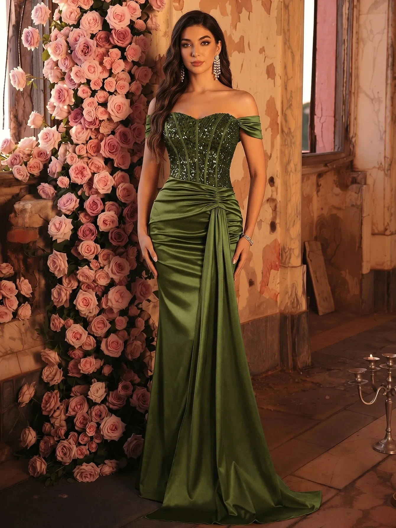 Sequin Beaded Satin Mermaid Evening Dress Off Shoulder Olive Green High Slit Ruched Maxi Party Gown For Women