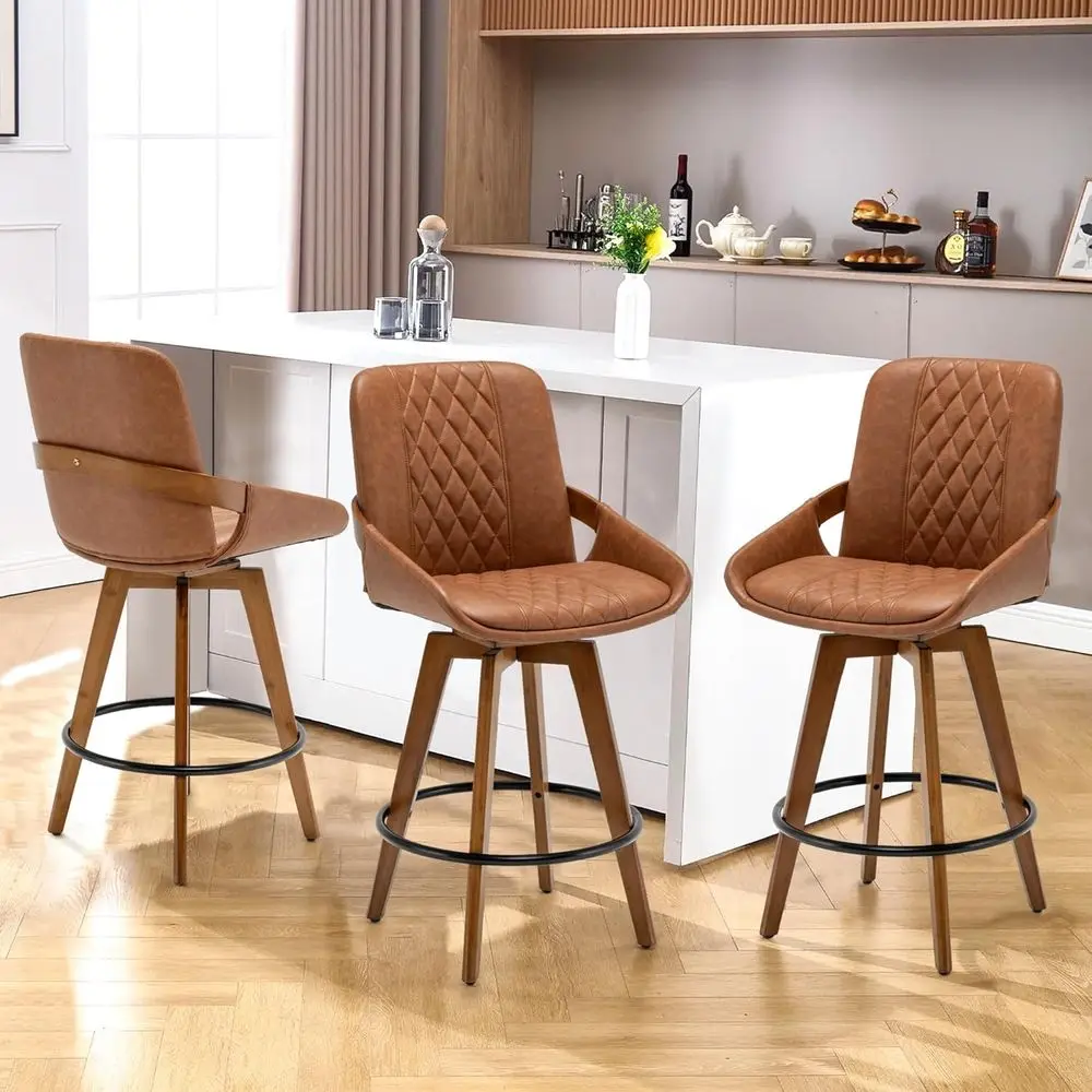 

Set of 3 Vintage Swivel Bar Stools with Curved Back, Brown Leather Upholstered, Walnut Wood for Bar/Pub/Island