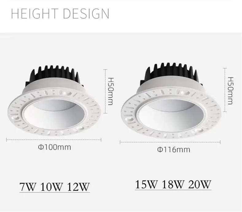 Dimmable LED Downlight Recessed Anti Glare Embedded 7W 10W 12W 15W 18W 20W Spot Lights Aluminum No Border Lamp Indoor Lighting