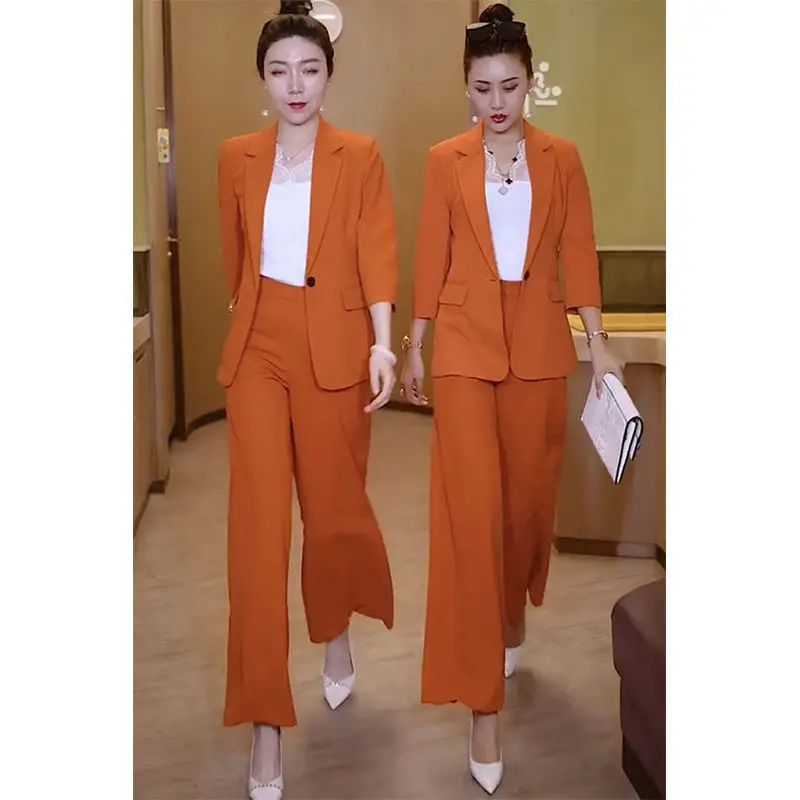 Two Piece Women's Suit Summer Casual Sexy Temperament Elegant Jacket and Trousers Office Fashion Orange Apricot Black Suit