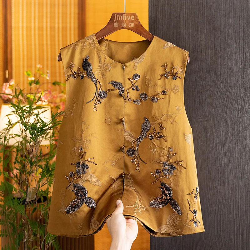 New Chinese-Style Rayon Cotton Vest for Women, 2026 Autumn New Collection, Round Neck, Heavy Beading, Floral and Bird Motifs, National Style, Layered Vest