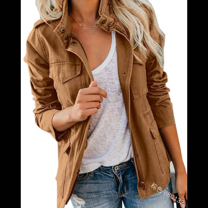 Wein Lady Top Fashionable and Trendy Women's Loose Fit Spring Autumn Zippered Multi-Pocket Jacket with Solid Color 5 Female